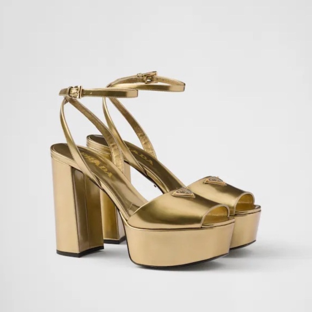 Gold Platform Block Heel Prada platform Sandals with Ankle Strap